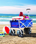 Heavy Duty Collapsible All Terrain Utility Beach Wagon Cart With Large Interior, Fast Fold Design, No Assembly, Ultra Portable in Blue White