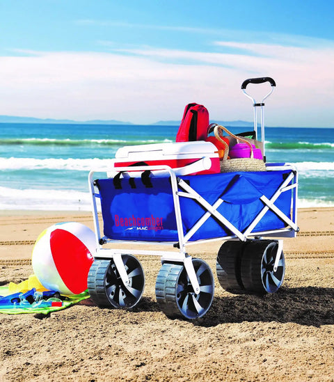 Heavy Duty Collapsible All Terrain Utility Beach Wagon Cart With Large Interior, Fast Fold Design, No Assembly, Ultra Portable in Blue White