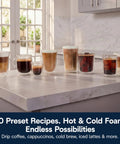 Straight Up Premium Automatic Espresso Machine With Integrated Milk Frother Twenty Preset Hot Cold Recipes showcasing various coffee drinks on a countertop.