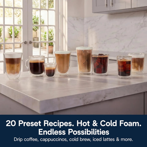 Straight Up Premium Automatic Espresso Machine With Integrated Milk Frother Twenty Preset Hot Cold Recipes showcasing various coffee drinks on a countertop.