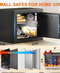 Compact Fireproof Safe Box For Home With Digital Keypad And Key Lock, showing storage of jewelry and passports with fireproof layers
