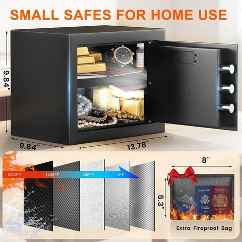 Compact Fireproof Safe Box For Home With Digital Keypad And Key Lock, showing storage of jewelry and passports with fireproof layers