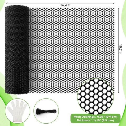Plastic Chicken Wire Fence Mesh 15.7 In By 16.4 Ft Black Hexagonal Tough Netting 0.35 In Mesh with Gloves and Straps