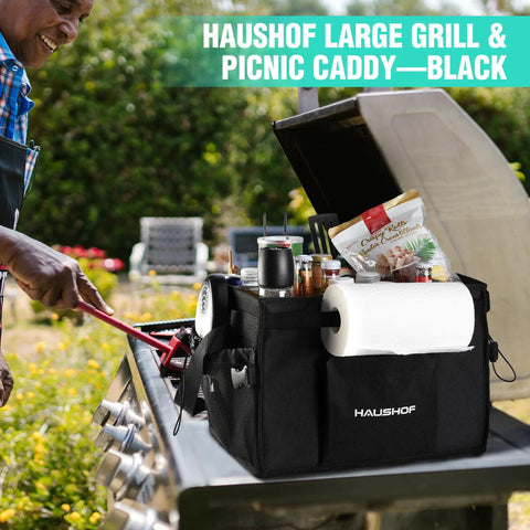 Large Grill And Picnic Caddy With Paper Towel Holder And Condiment Pockets Foldable Bbq Organizer next to grill