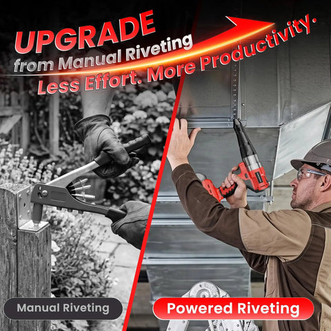Comparison of manual manual riveting and powered riveting with Heavy Duty Brushless Cordless Rivet Gun Compatible With Milwaukee M18 Batteries.