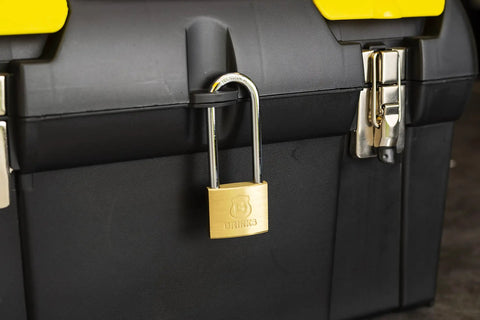 40mm Solid Brass Keyed Padlock Set, 2 Pack With 2.5 Inch Shackle Clearance on black toolbox