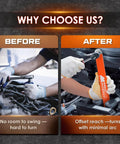Offset Extension Wrench With Zero-Degree Swing For Tight Spaces, 15.4 Inch Reach, shown in engine bay usage before and after