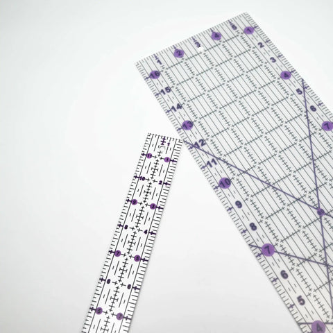 Pro Quilting Ruler Set For Patchwork And Sewing, Acrylic Templates, Precision Cutting Tools In Purple, 6x17 and 1.5x12 rulers displayed