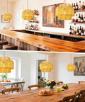 Hand Woven Rattan Plug In Hanging Light For Living Room Bedroom Kitchen Ceiling Pendant Fixture Featuring Cool Boho Glam in a stylish bar and dining area.