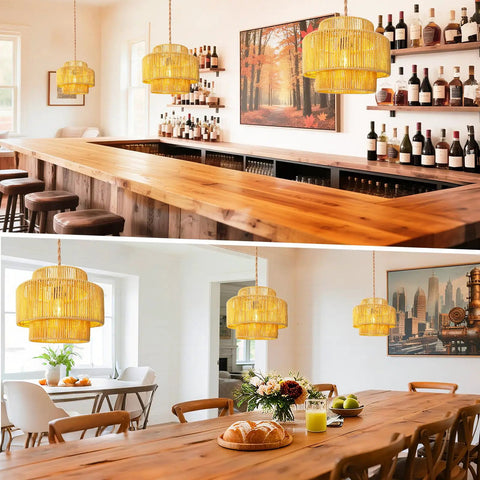 Hand Woven Rattan Plug In Hanging Light For Living Room Bedroom Kitchen Ceiling Pendant Fixture Featuring Cool Boho Glam in a stylish bar and dining area.