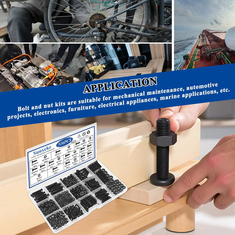 516 Piece Nuts And Bolts Hardware Kit With 21 Sizes M3 M4 M5 M6 Phillips Pan Head Fasteners And Washers shown in use on furniture assembly.