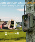E6 WiFi Trail Camera Non Cellular with External Antenna mounted on tree in farm setting for wildlife monitoring.