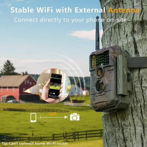 E6 WiFi Trail Camera Non Cellular with External Antenna mounted on tree in farm setting for wildlife monitoring.