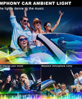 Acrylic Interior Car LED Strip Lights Kit RGB 6 In 1 With Wireless App Control 175 Inch Total Length 593 LEDs in use at night with people enjoying vibrant colors and music sync feature.