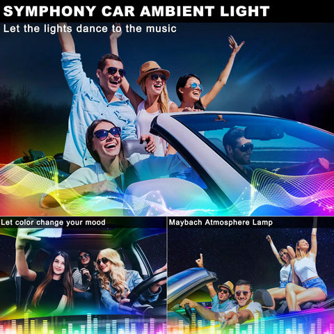 Acrylic Interior Car LED Strip Lights Kit RGB 6 In 1 With Wireless App Control 175 Inch Total Length 593 LEDs in use at night with people enjoying vibrant colors and music sync feature.