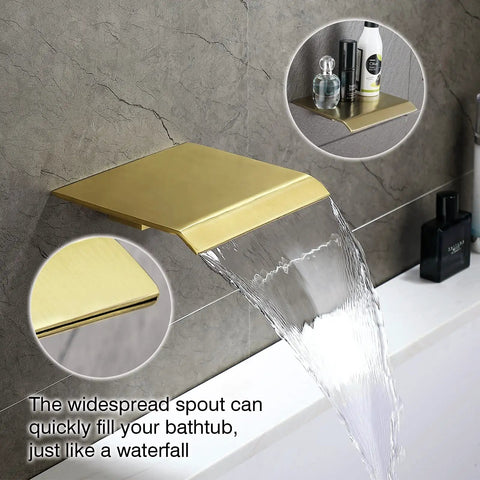 Upgrade Your Bath With A Dope Brushed Gold Tub And Shower Faucet Set, waterfall wall spout, water flowing into bathtub
