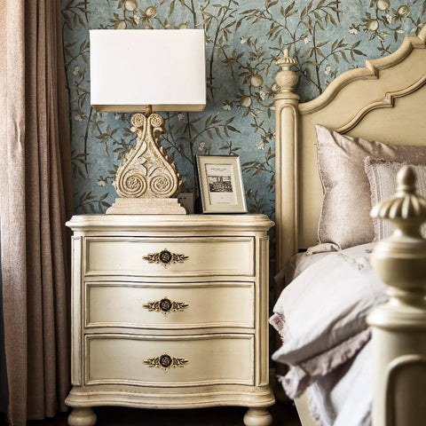 Bedroom scene with cream dresser, fitted with Three Pack Euro Rose Cabinet Knobs With Backplate Vintage Zinc Alloy Flower Drawer Pulls Bronze Finish.