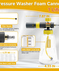 Image of 1 liter pressure washer foam cannon with 1/4 inch quick connect and labeled features