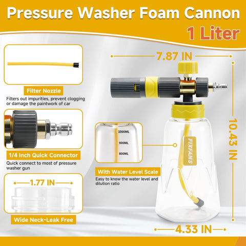 Image of 1 liter pressure washer foam cannon with 1/4 inch quick connect and labeled features