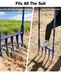 Heavy Duty Broadfork 56 Inch Garden Tool With Unbreakable Build And Five 11 Inch Cambered Tines shown aerating soil