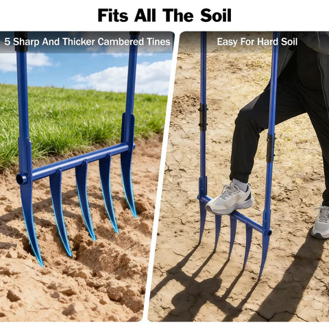 Heavy Duty Broadfork 56 Inch Garden Tool With Unbreakable Build And Five 11 Inch Cambered Tines shown aerating soil