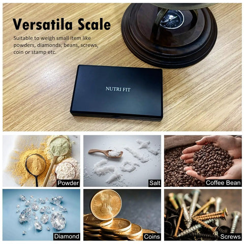 Pocket Grab N Go Precision Scale With 0.01g Accuracy, 500g Capacity, shown with items like powder, salt, coffee beans, diamonds, coins, screws.