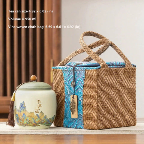 Top Shelf Ceramic Tea Tin With Woven Rattan Travel Case, Stunning Mountain Landscape Design, Go To Stash Jar For Loose Leaf Tea Or Specialty Coffee Beans In Slate Blue next to woven rattan travel case.