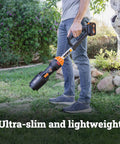 Person holding Nitro Cordless Leaf Blower With 410 CFM Airflow And 130 MPH Turbo Power, Ultra Lightweight at 3.8 lbs, WG543