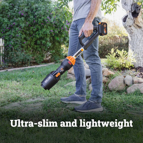 Person holding Nitro Cordless Leaf Blower With 410 CFM Airflow And 130 MPH Turbo Power, Ultra Lightweight at 3.8 lbs, WG543