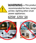 Warning for Short 5Ft Black Power Extension Cord For Indoor Use With 125V 5A 625W Two Prong And Two Outlets, ideal for small appliances
