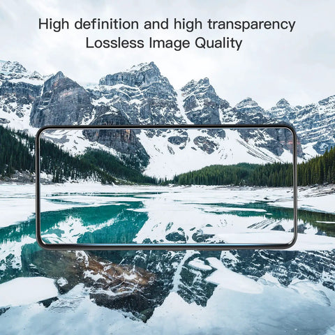 Transparent phone screen outline over mountain lake, representing clarity of Two Pack 3D Screen Protector For Motorola Edge 2025 And Two Pack Camera Lens Tempered Glass Protector With 9H Hardness Anti Fingerprint No Air Bubbles Easy Installation Case Friendly.