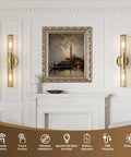 Champagne Gold Battery Operated Wall Sconces Set of 2, Rechargeable Sconce mounted beside a framed painting.