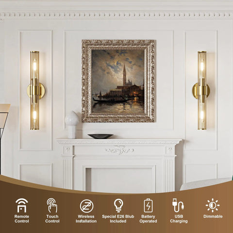 Champagne Gold Battery Operated Wall Sconces Set of 2, Rechargeable Sconce mounted beside a framed painting.