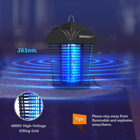 Outdoor Bug Zapper Plug In 4000V Mosquito Killer Waterproof With Dusk To Dawn Sensor on a table, glowing blue light, showing grid detail
