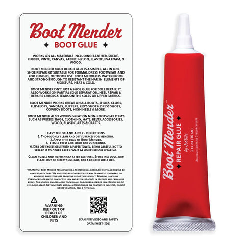 Boot Mender Glue For Shoes Clear Instant Bond Heavy Duty Adhesive For Soles And Heels 30g Tube No Clamp Needed Fast Dry Shoe Repair And Tear Fix Ideal For Boots Kicks Sneakers Work Shoes And All Footwear Repairs, with instructions visible.