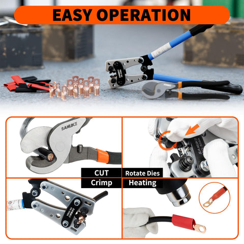 Heavy Duty Battery Cable Crimp Tool Kit Go To Eight To One Aught AWG Cables With Twelve Copper Lugs Three Eighths Inch Size Three To One Heat Shrink Tubing Ideal For RV Marine And DIY Wiring Projects, showing tools and copper lugs