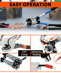 Battery Cable Crimping Tool Kit with AWG 8 to 1 0 Lug Crimper and Cable Cutter, copper terminals shown on table.