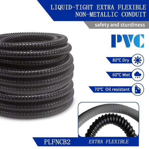 Ultra Flexible Liquid Tight PVC Electrical Conduit Kit, Half Inch Diameter, Fifty Feet, Black Finish, rolled up, front view