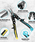 10 Inch Aviation Snips Straight Cut Tin Snips for Cutting Metal Sheets, CR-V Steel, side view with sharp blades and double leverage.