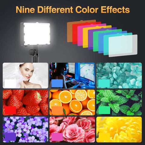 60 LED Portable Photo Lighting Kit With Adjustable Tripod Stand For Tabletop Photography showing nine color filters