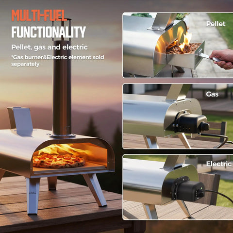 12-Inch Multi-Fuel Outdoor Pizza Oven for Backyard Cooking, Pellet Wood Gas Electric Ready, Reaches 1110F, 3-In-1 Portable