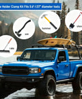 Blue truck with roof rack in nature, showcasing Rugged Metal Rubber Shovel Mount for Roof Rack and Truck Bed; compatible tools displayed.