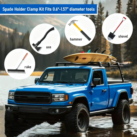 Blue truck with roof rack in nature, showcasing Rugged Metal Rubber Shovel Mount for Roof Rack and Truck Bed; compatible tools displayed.
