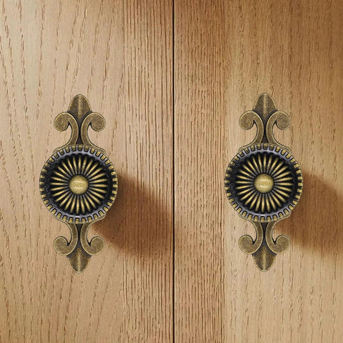 Antique Brass Cabinet Knobs With Backplates 4 Pack Zinc Alloy Solid Round Mushroom Drawer Pulls on wooden cabinet doors