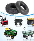 Beefy Heavy Duty 4.10/3.50-4 Tire And Inner Tube Set With Bent Valve Stem, displayed with lawn mower and snowblower.