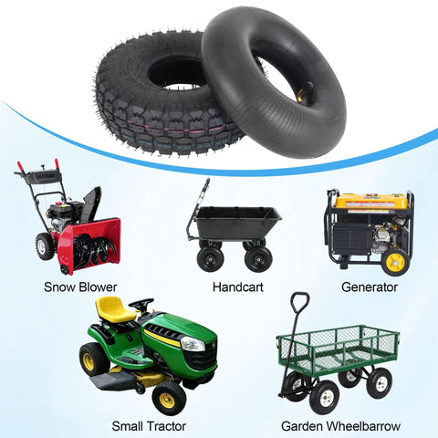 Beefy Heavy Duty 4.10/3.50-4 Tire And Inner Tube Set With Bent Valve Stem, displayed with lawn mower and snowblower.