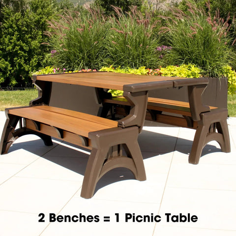 Two In One Outdoor Bench And Picnic Table Foldable And Weatherproof For Patio Lawn Garden Or Deck in espresso finish.