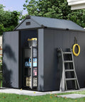 4x6 Ft Resin Outdoor Storage Shed With Reinforced Floor And Lockable Door No Fuss All Weather Plastic Tool Shed With Window And Vents For Garden Patio Bikes Garbage Cans And Yard Gear Dark Gray, organized interior showing storage with ladder outside