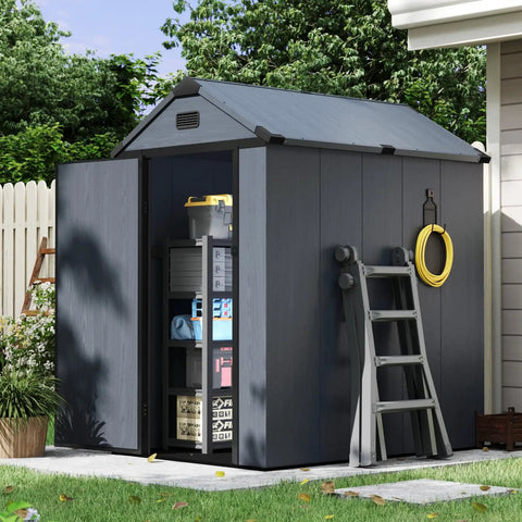 4x6 Ft Resin Outdoor Storage Shed With Reinforced Floor And Lockable Door No Fuss All Weather Plastic Tool Shed With Window And Vents For Garden Patio Bikes Garbage Cans And Yard Gear Dark Gray, organized interior showing storage with ladder outside