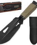 Ultralight Backpacking Trowel With Carrying Pouch A Versatile Camping Shovel And Garden Hand Tool For Hiking Digging And Metal Detecting Includes Saw Ruler Hex Wrench Nail Extractor And Paracord Multitool Survival Gear shown with packaging that highlights features and pouch for carrying the tool.